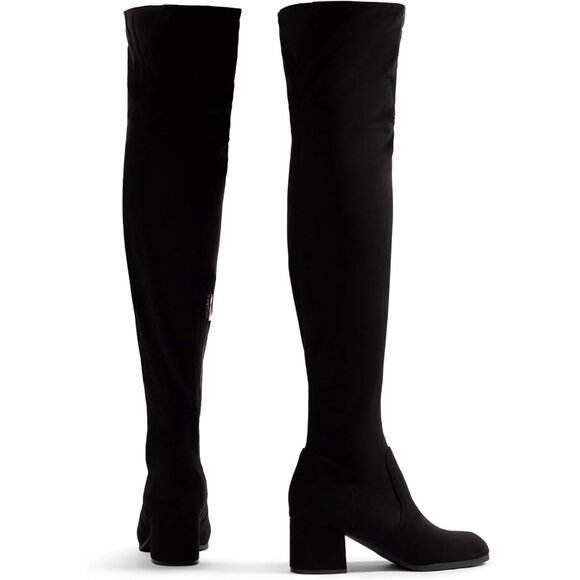 Women's Black-suede Faux Leather Over The Knee Thigh High Chunky Heel Long Boots - Picture 4 of 6